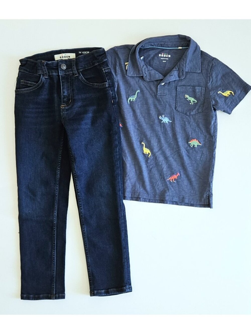 Mini Boden 7-8 Embroidered Dinosaur Polo Top Jeans Set